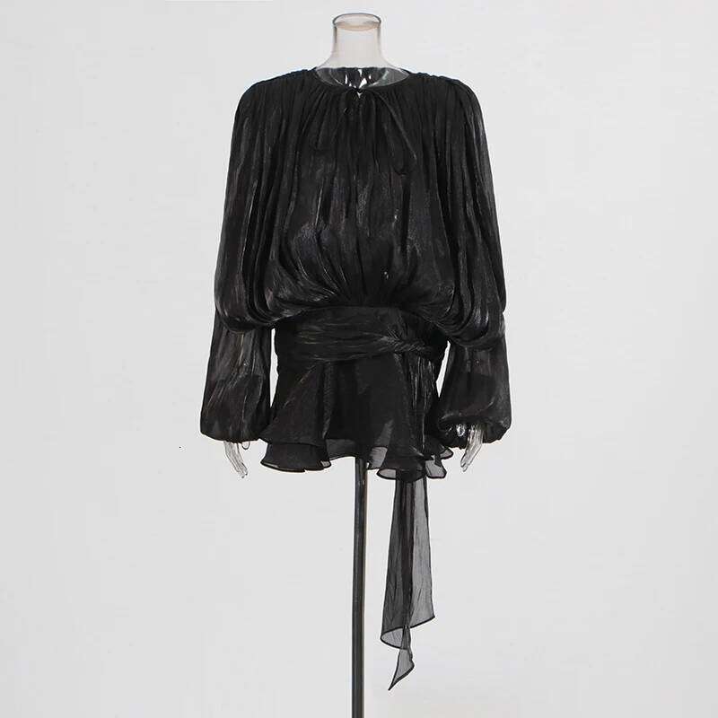 Designer Clothing 2025 Solid Patchwork Lace Up Blouse Mini Dresses For Women V Neck Long Sleeve Sweet Style Dress Female Clothing Fashion