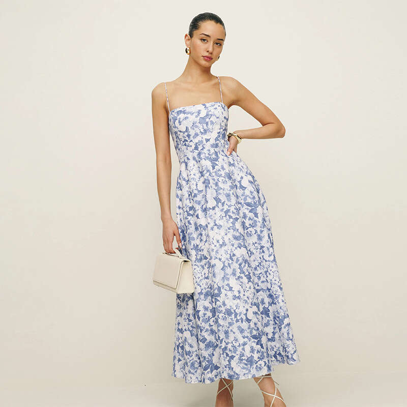 Buttock Dresses for Woman Party Wedding Guest Dress for Women 796 Summer New 2025 Printed Square Neck Slim Fit Strap Midi Dress Linen Vacation Style W