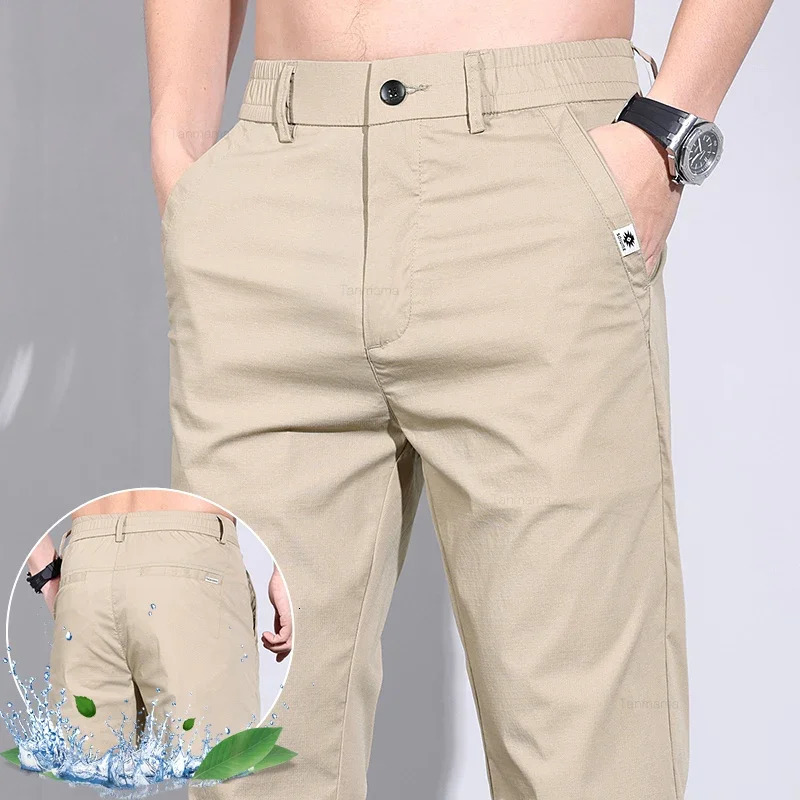 Ultra-thin Elastic Mens Casual Pants Summer Ice Silk Cotton Fashion Slim Straight Business Trousers Black Gray Khaki 250614