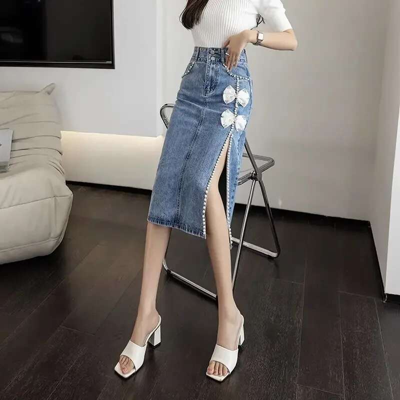With Slit Jeans Skirts for Women High Waist Harajuku A Line Y2k Vintage Aesthetic Cheap Summer 2025 Streetwear Woman Denim Skirt