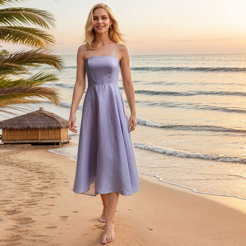 Womens Dress Robe De Designer Summer Dress Plus Size Dresses 796 Summer New 2025 Solid Color Square Neck Slim Fit Strap Midi Dress Linen Vacation Styl