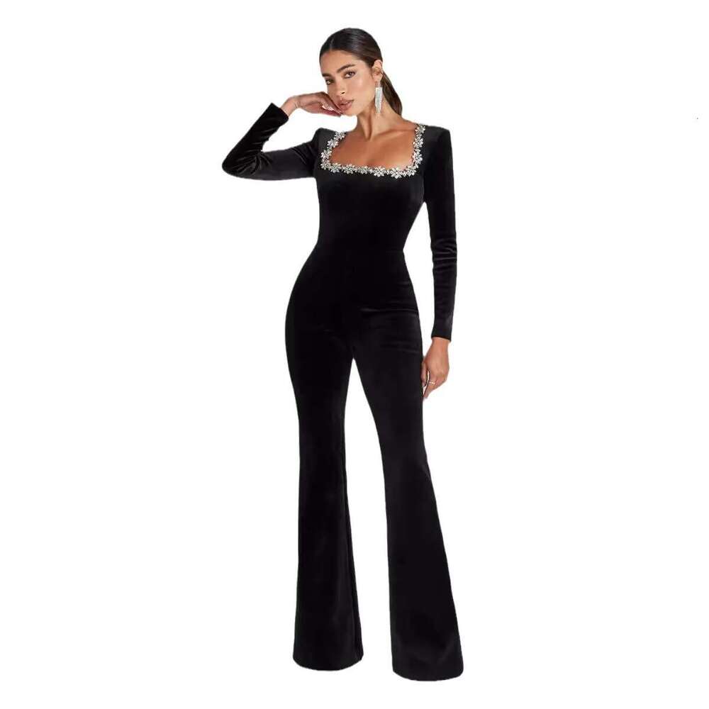 New Fashion Sexy High-Waisted Slim Fit Solid Color Jumpsuit with Rhinestones and Hollow Out Design