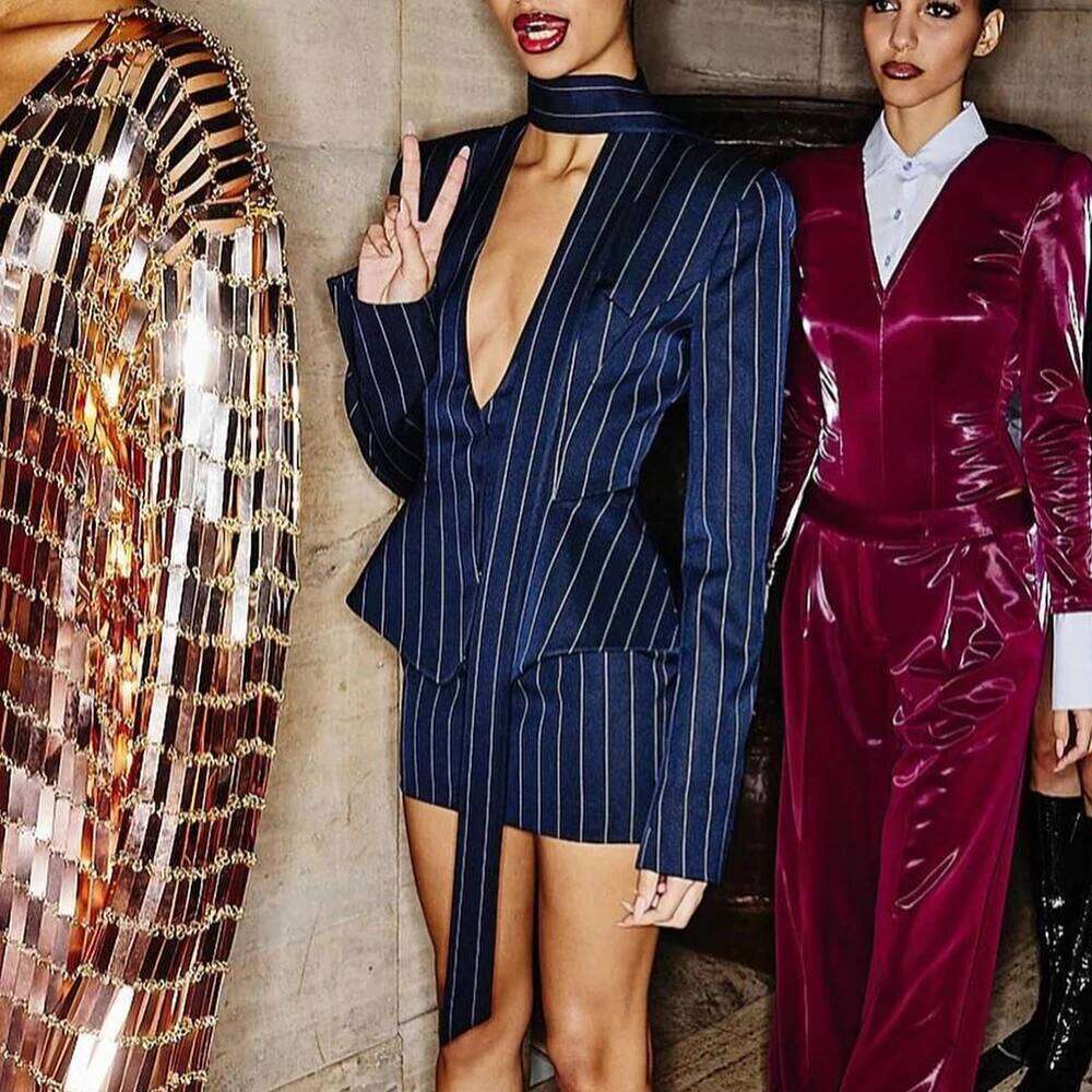 2025 Colorblock Striped Slimming Blazers For Women V Neck Long Sleeve Tunic Temperament Coats Female Fashion Clothes New