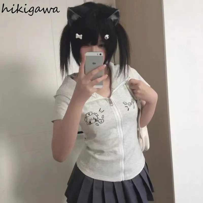 Cat Ears Sweatshirts Women Clothing Slim Fit Short Sleeve Zipper Hoodies Y2k Tops Casual Chic Anime Cute Hoodie Coat Ropa Mujer 250612