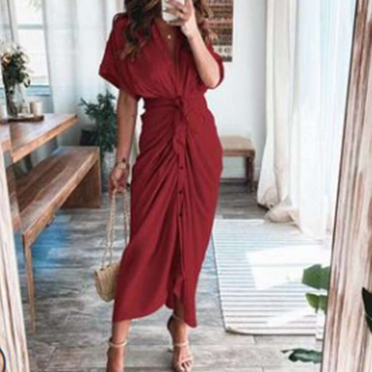 Spring New Women's Short Sleeve Elegant Fashion Commuter High Waist Printed Cardigan Dress B5