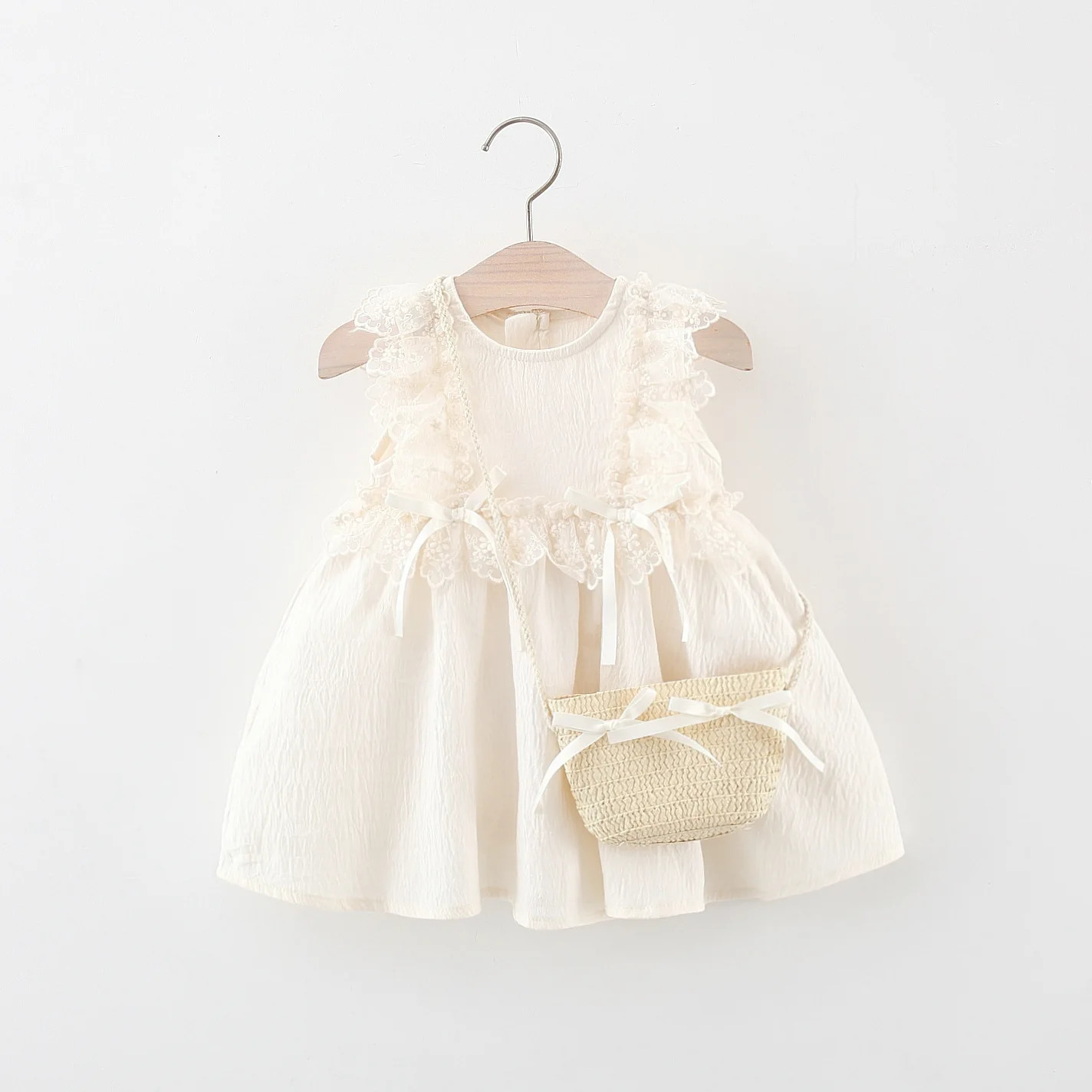 Summer Girls Dress Solid Color Lace Sleeveless Tank Top Skirt Baby Girl Princess Skirt Comes with Bamboo Basket Bag 250617
