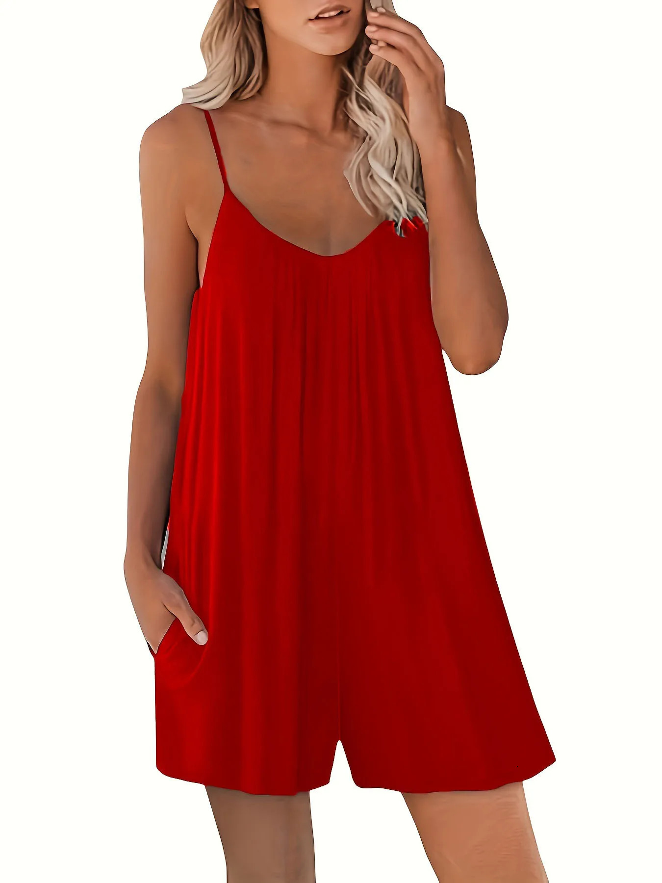 Summer European and American Womens Casual Strap Shorts Solid Round Neck Loose Pocket Jumpsuit 250616