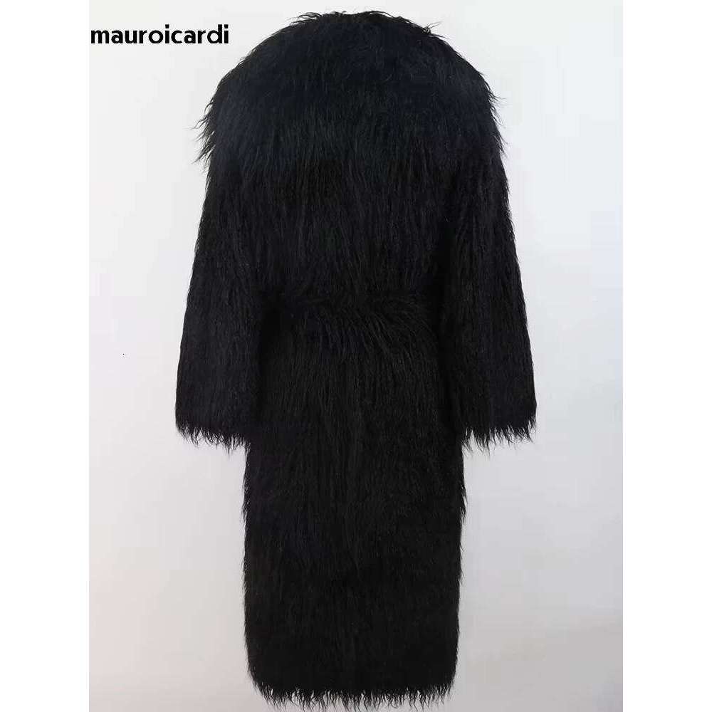 Mauroicardi Winter Long Thick Warm Shaggy Hairy Fluffy Faux Mongolian Fur Coat Women Sashes Elegant Chic Furry Overcoat