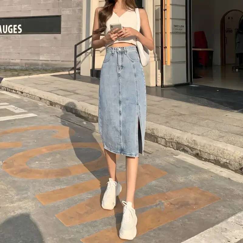 Woman Denim Skirt with Slit High Waist Jeans Skirts for Women Blue Cheap Modest 2025 Trend Stylish Premium Vintage Streetwear V