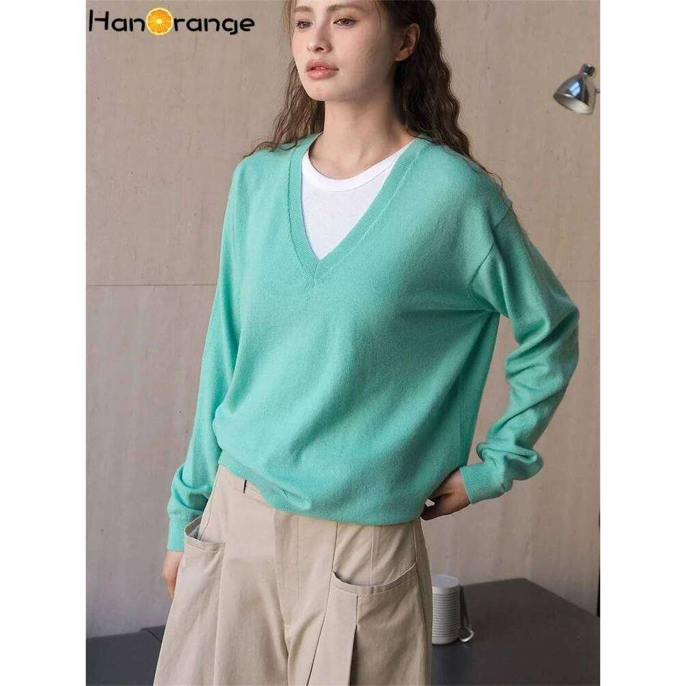 HanOrange 2024 Autumn Lazy V-neck Woolen Knitted Sweater Women Smooth Soft Look Casual Top Light Green/Light Floral Gray