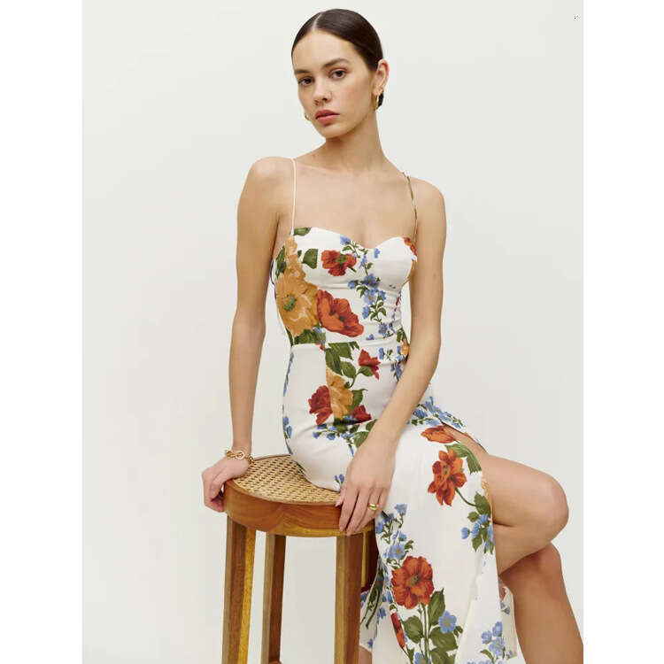 Whitedress Birthday Dress Designer Dresses for Women Bodysuit 221#summer New 2025 Printed Over-the-knee Slit Sexy Slim Fit Mid-length Strap Dress Fren