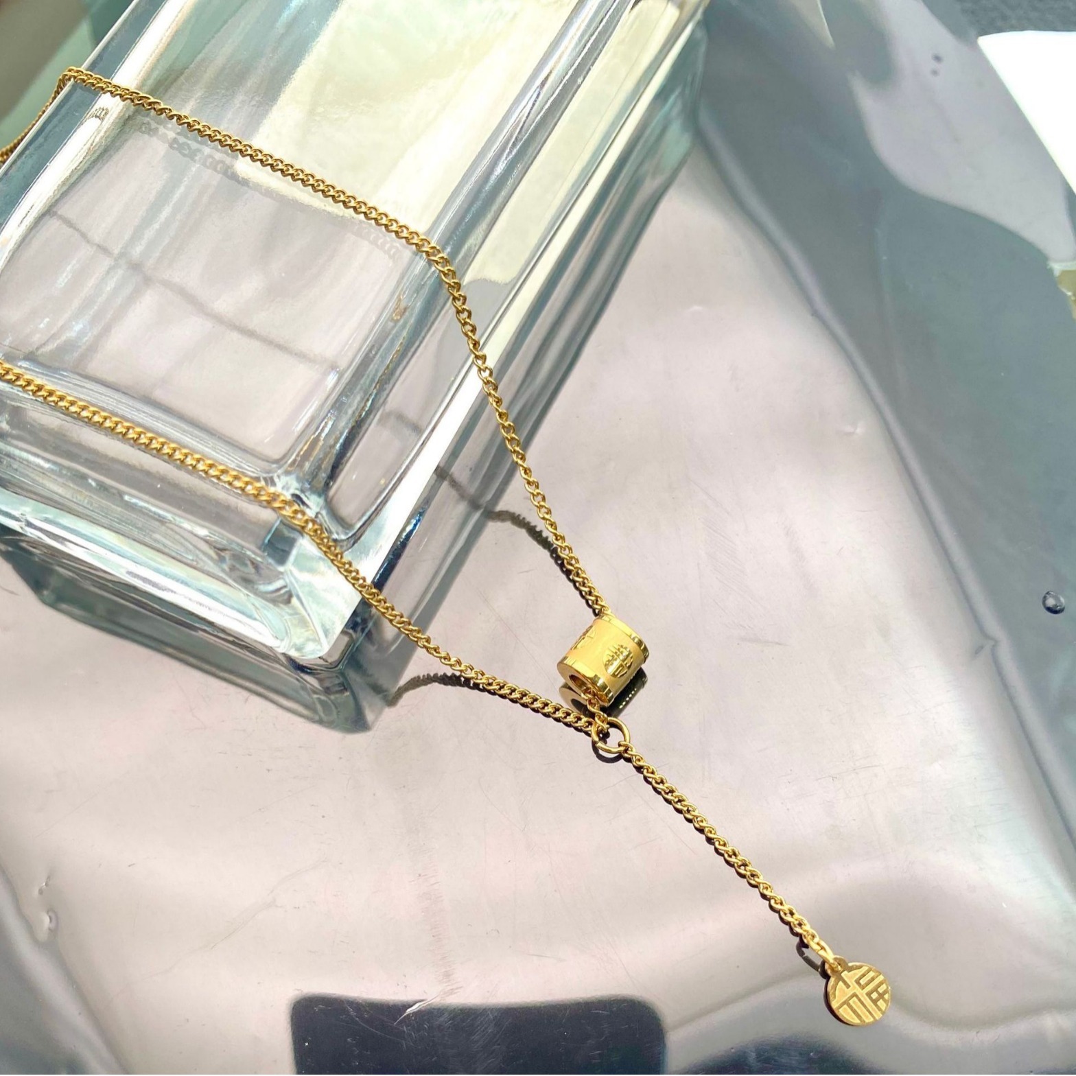 National Style Fashion Light Cylindrical Fu Character Necklace for Women Gold Color Titanium Steel Personality Non-Fading Jewelry