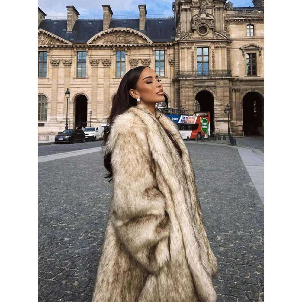 Elegant Fluffy Faux Fur Thicken Long Sleeve Coats Luxurious Turndown Collar Warm Cardigan Jackets 2025 Lady Street Outerwears