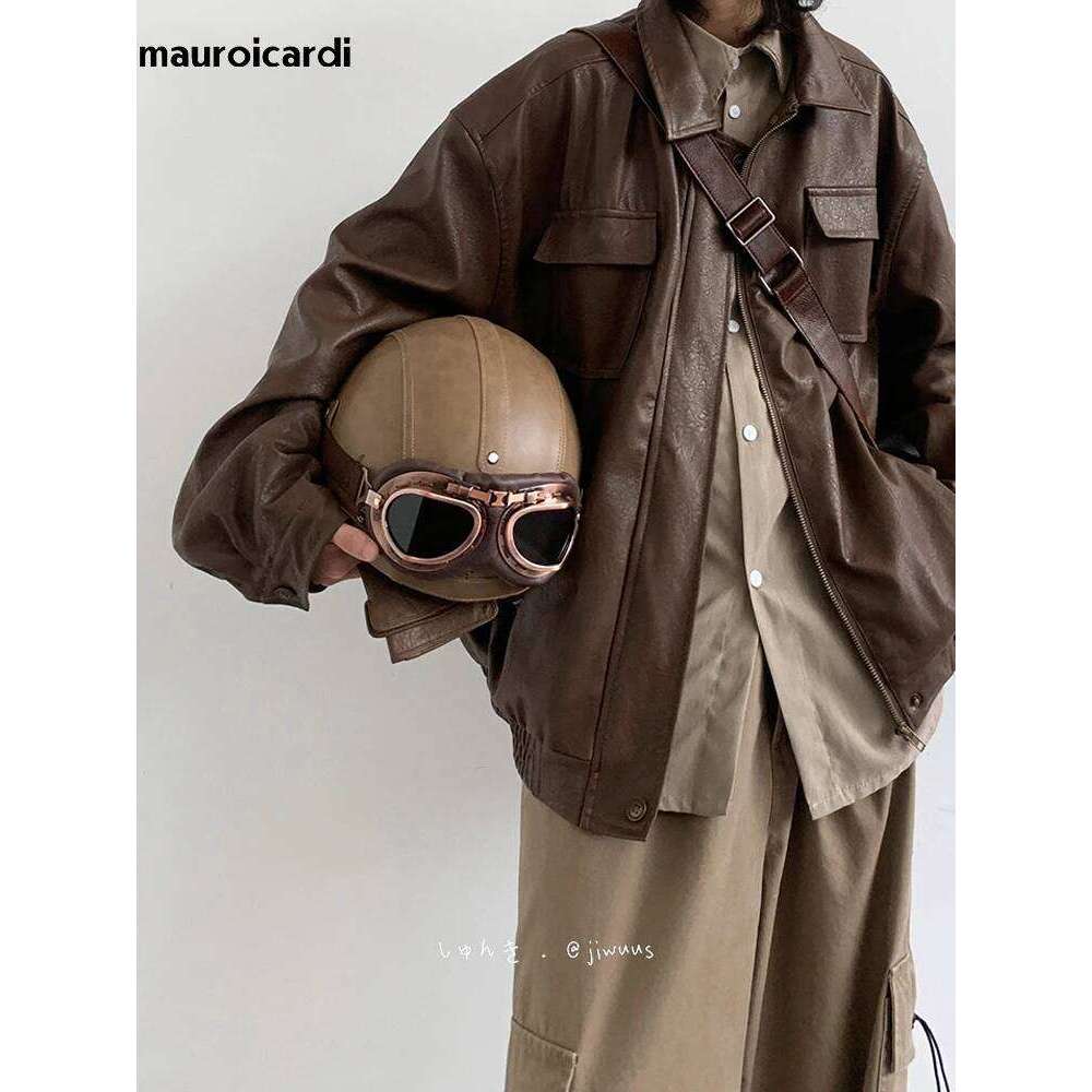 Mauroicardi Autumn Winter Vintage Oversized Cool Brown Black Soft Pu Leather Jacket Men Pockets Loose Casual Unisex Clothes 2023