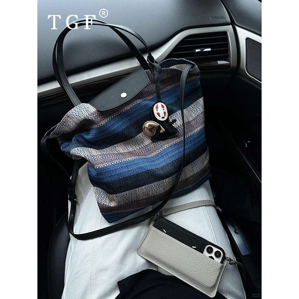Handheld Canvas for Women New Summer Light Luxury Niche Design Striped Large Capacity Crossbody Tote Bag