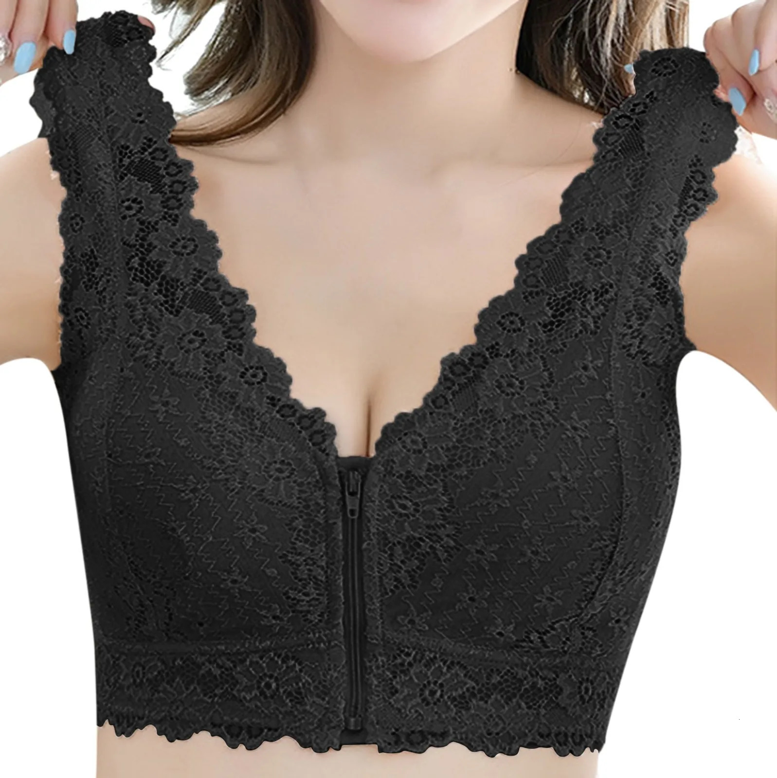 Seamless Women Bras Comfortable Underwear With Strap Deep V Front Zipper Bra Sexy Elastic Large Lace Beauty Back Bra 250617