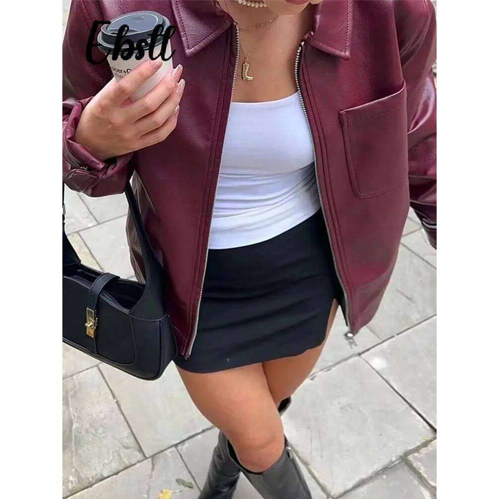 Fashion Zippers Short Leather Jackets Women Elegant Lapel Pocket Long Sleeve Coat 2024 Autumn New Lady Casual Urban Tops Outwear