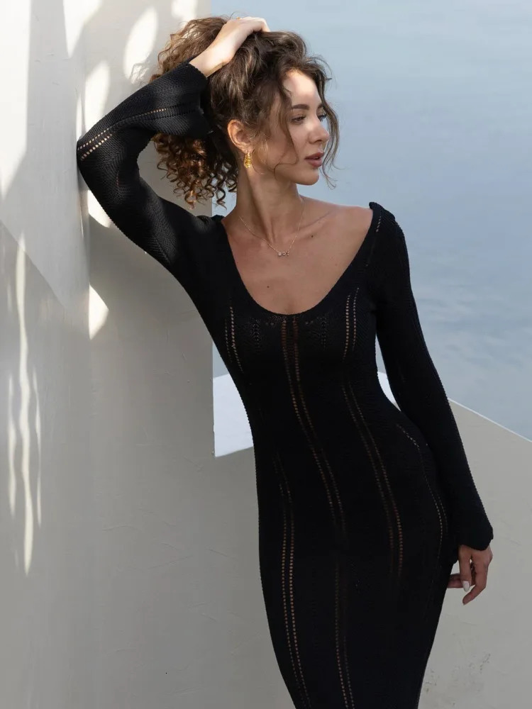 Articat Elegant Knitted Sweater Long Sleeved V-neck Dress Women Slim Hollow Out Female Vesidos Party Club Evening Dress Vacation 250614