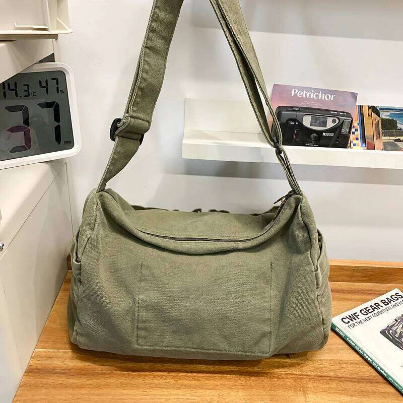 Large Capacity Canvas Workwear Bag 100% Cotton Solid Shoulder Hongkong Style Cloth Satchels New In 2025 Lazy Messenger Bags