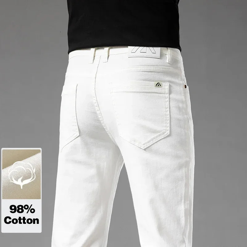 Summer 98% Cotton Mens Casual Jeans White Classic Fashionable Stretch Straight Denim Trousers Black Clothing Male 250614
