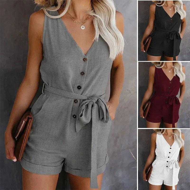 Womens Casual V-neck Monochromatic Jumpsuit Five-Point Shorts European and American Summer 250616