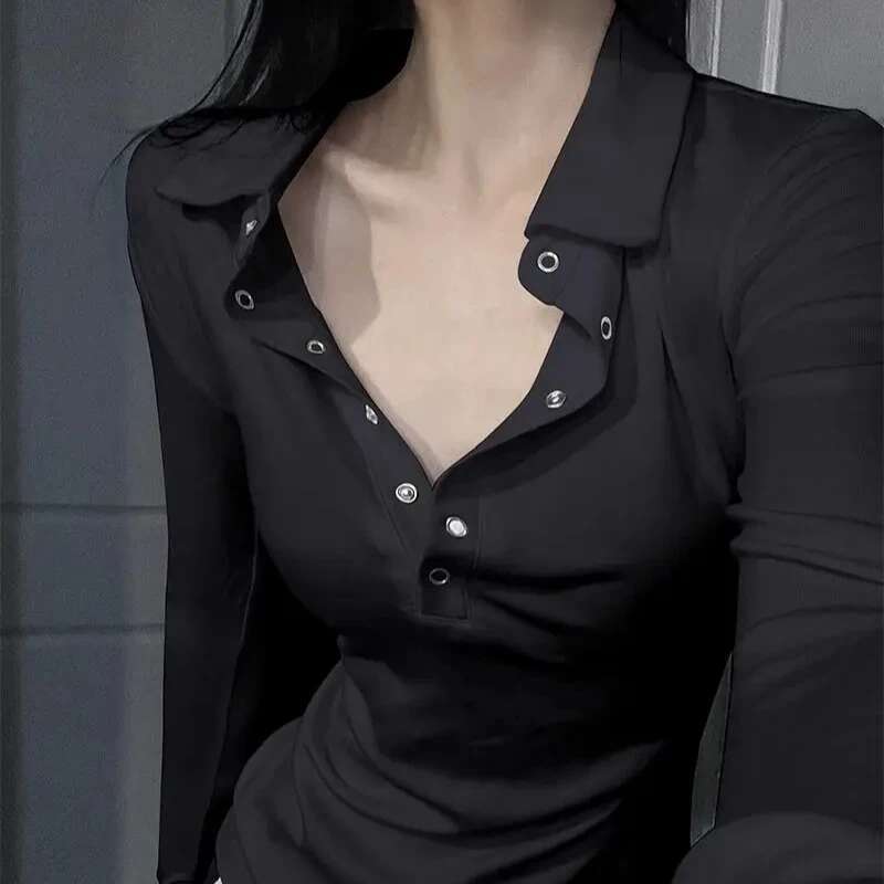 Woman Tshirt Sexy Polo Neck T Shirt for Women Plain Coquette Clothes Polyester Original Casual Tops Youth Fashion 2025 Aesthetic