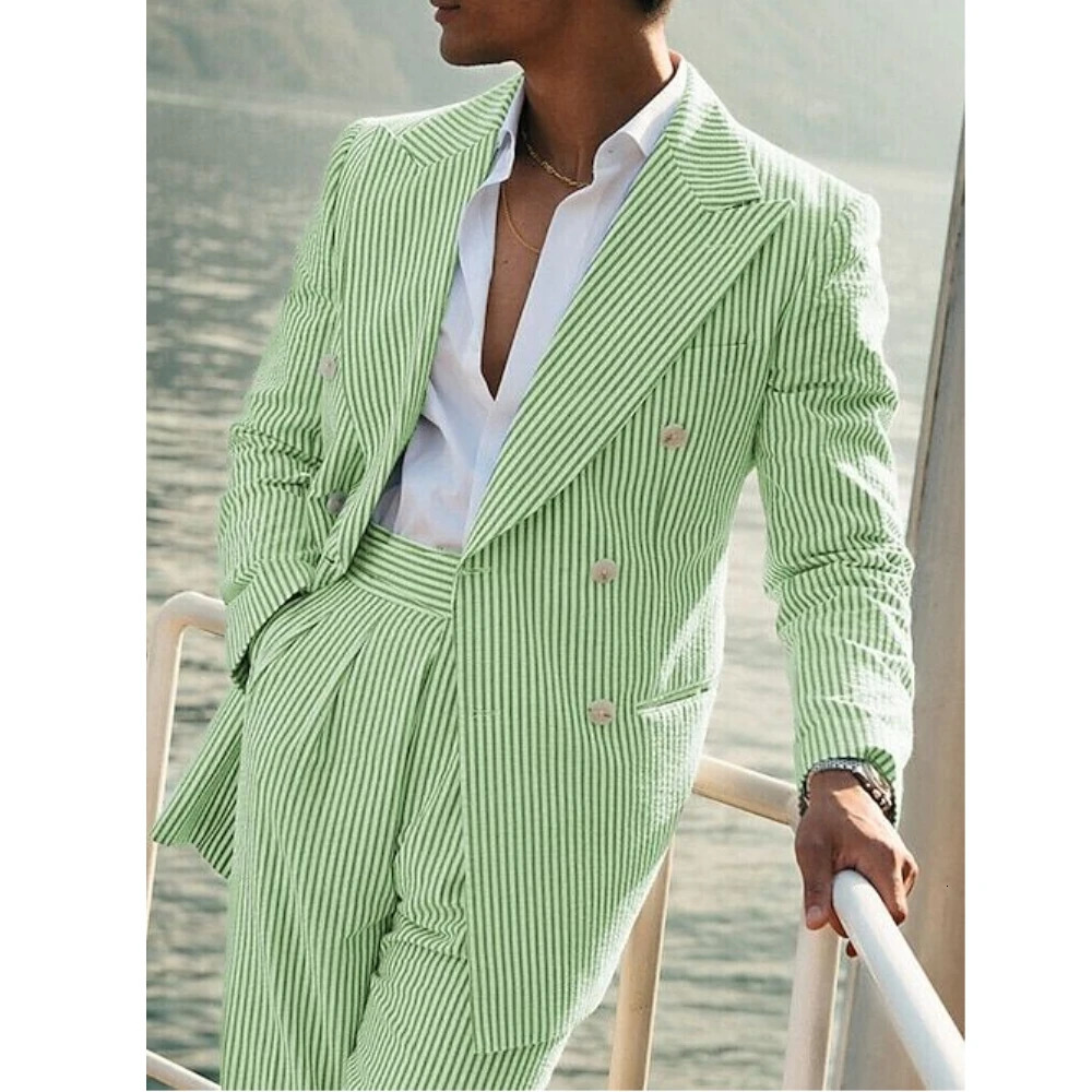 Fashion Casual Green Mens Seersucker Suits Spring Summer Beach Wedding Suits 2 Pieces Set Blazer Pant Pinstripe Male Suit 250617