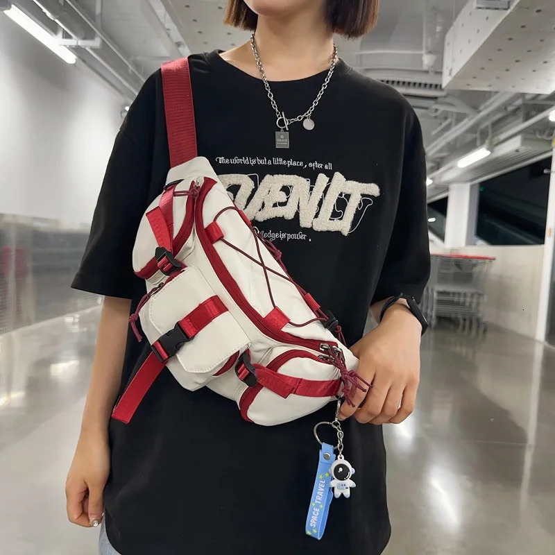Outdoor Sport Hip Hop Techwear Tactical Chest Bag Men Women Green Red Ribbon Patchwork Multifunction Fanny Pack 250614
