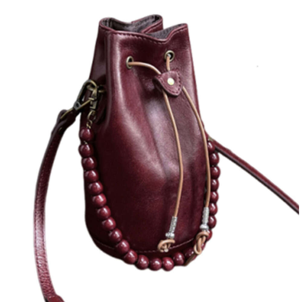 Beaded Handheld Bucket for Women Trendy Red New Chinese Style Drawstring Shoulder Crossbody Small Bag