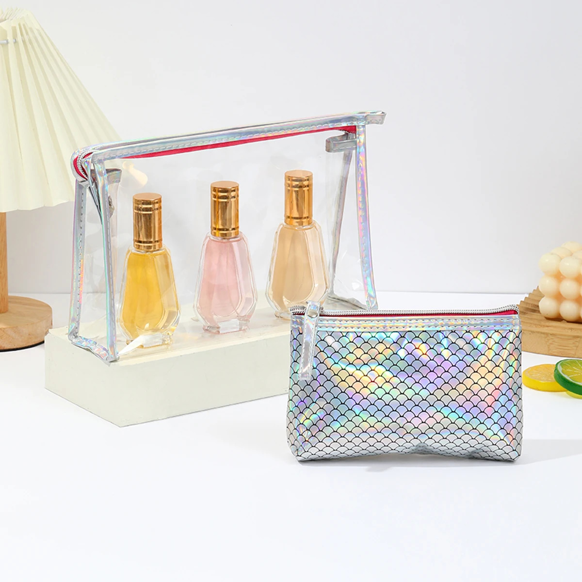 twopiece waterproof PVC cosmetic bag Laser fish scale storage and grooming Multi functional womens makeup bag 250614