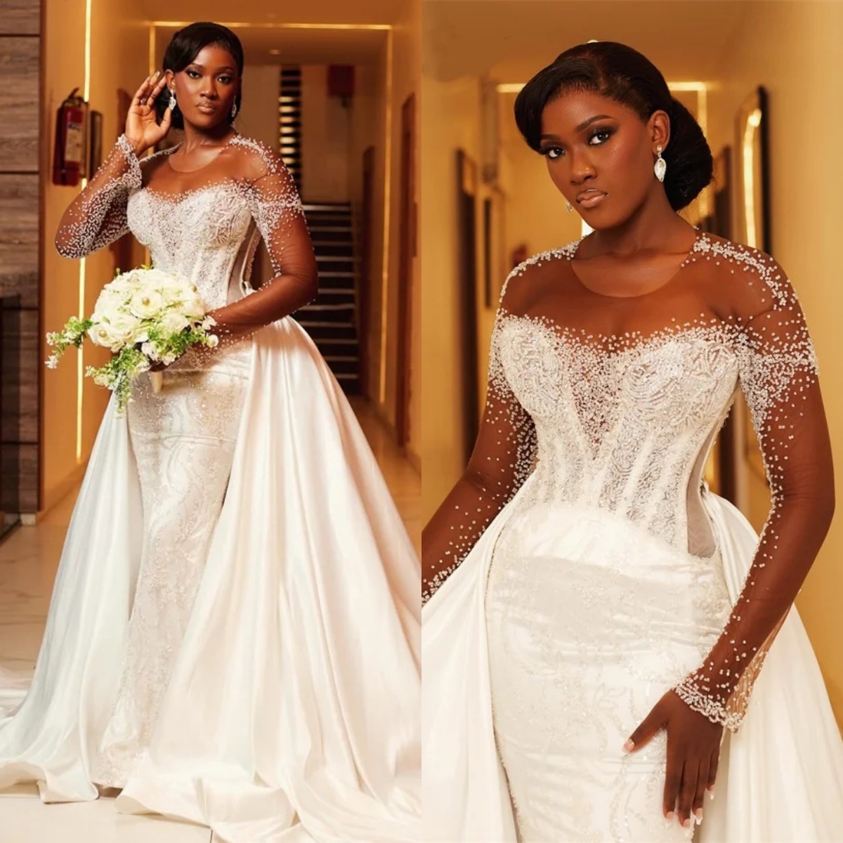 Fashion Wedding Dresses O Neck Beading Bridal Gowns with Detachable Train Mermaid Rhinestone Long Sleeves Customized Bride Vestidos De Novia Plus Size