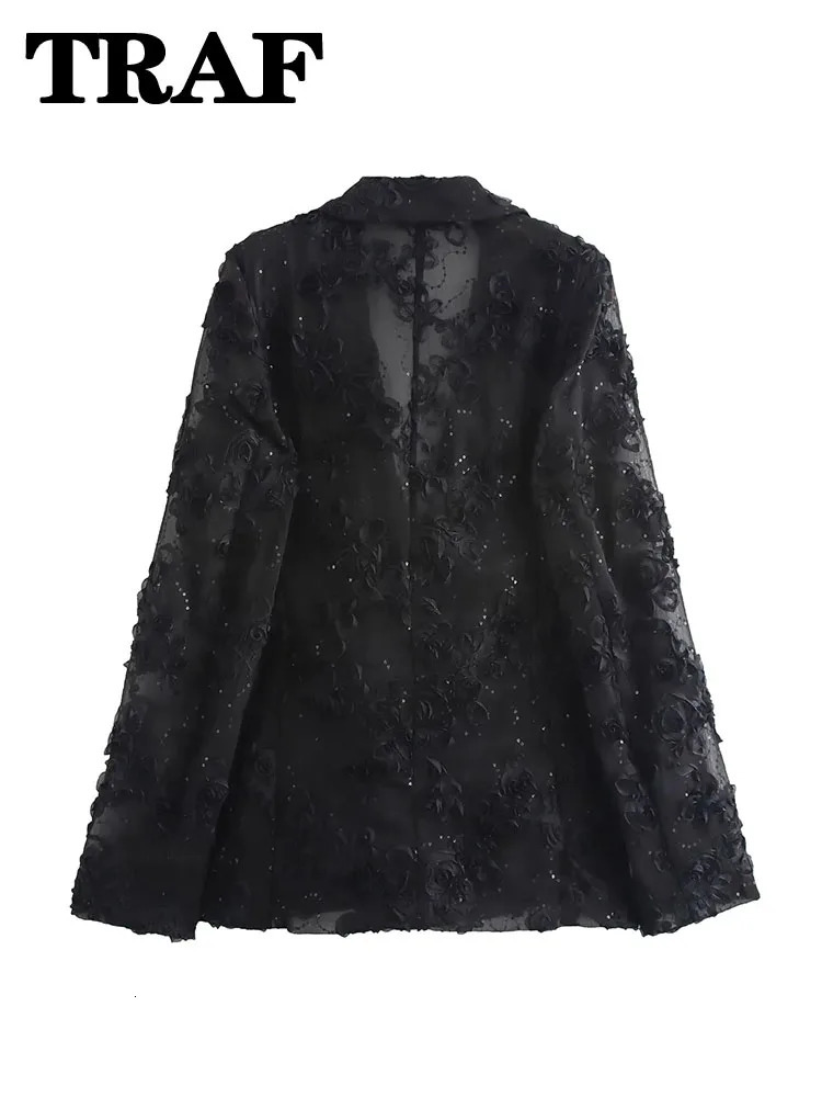 TRAF Elegant Women Sets Solid Color Sequin Decorative Semi Transparent Pants Set Flower Texture Blazer Top For 2 Piece 250612