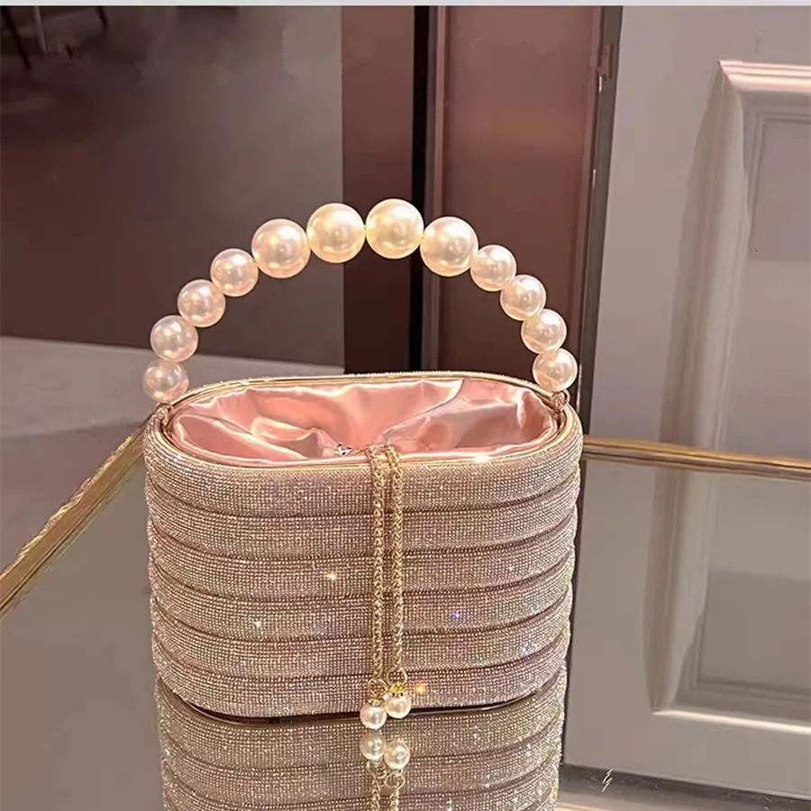 Crystal Metal Evening Clutch Bags Women Boutique Pearl Handle Shiny Color Blocking Rhinestone Purses And Handbags Bridal Wedding 250614