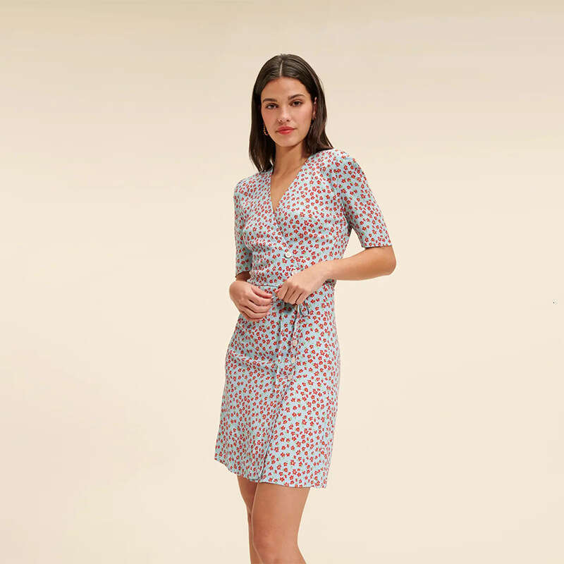 Womandress Partydress Clothes Women Designer Vestido Tender N482 Summer 2025 Printed Short Slim Fit Tie Tea Break Wrap French Style Womens Dress
