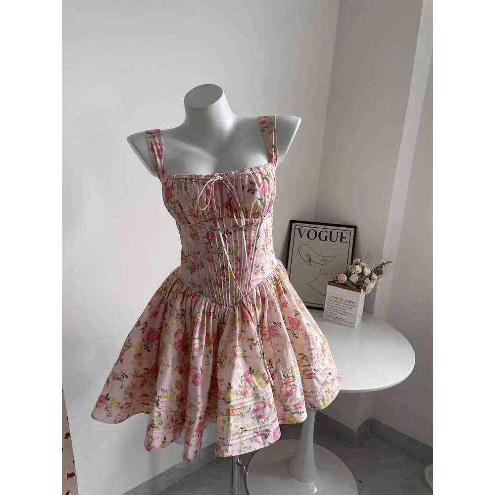 Designer Clothing 2025 Boho Inspired Floral Print Mini For Women Pintuck Details Sexy Summer Dress Straps Cute Hot Girl Party Dresses Holiday