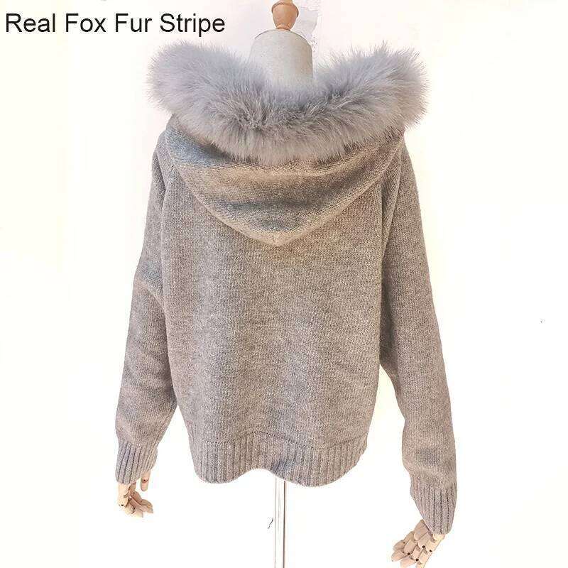 2025 Women Spring Knitted Hooded Cardigans Real Fox Fur Stripe Long Sleeve Warm Cardigan Sweater With Zipper