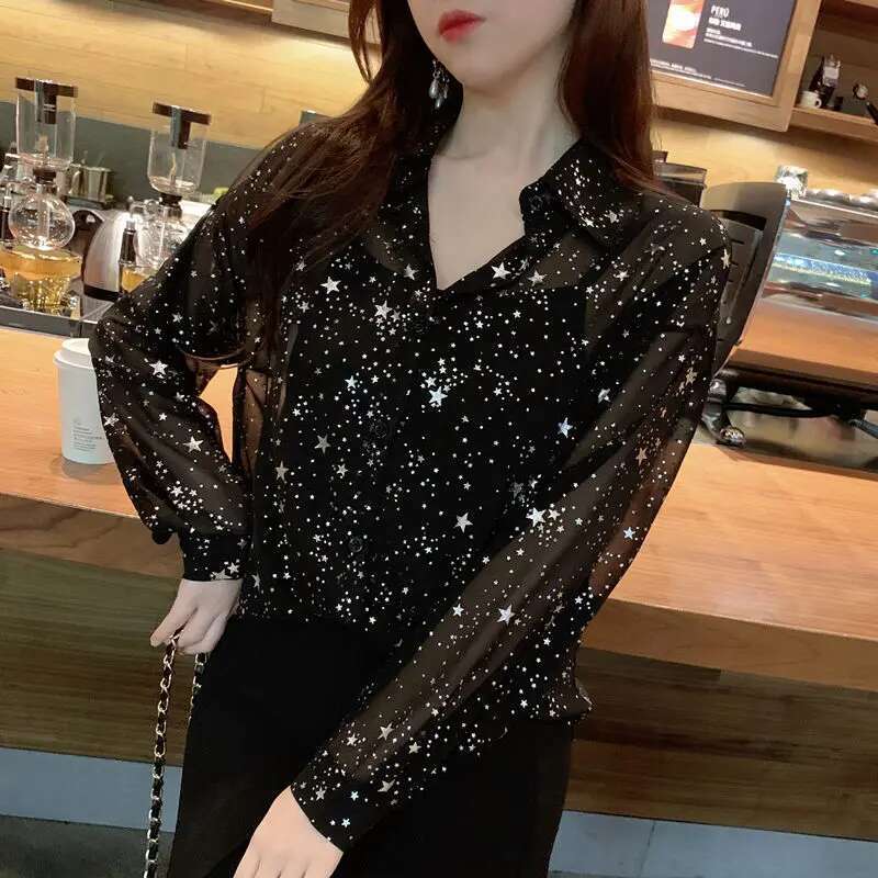 Womens Shirts and Blouses Long Sleeve Clothing Chiffon Spring Top for Woman Pattern White Elegant Chic Youth Y2k Fashion 2025 M