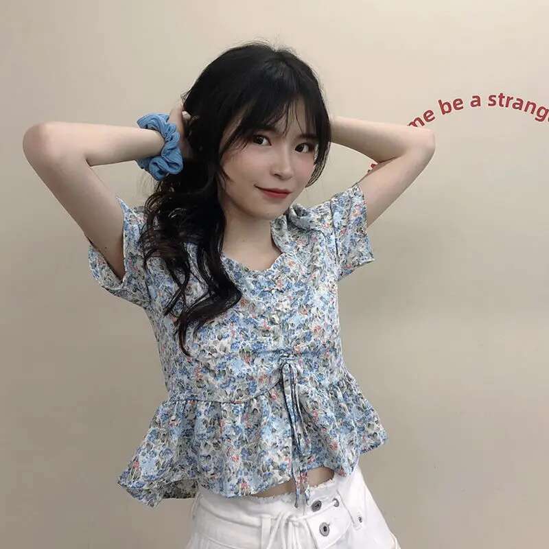 Clothing Short Sleeve Cute Womens Shirts and Blouses Kawaii Top for Woman Crop Floral with Bow Korean Style Modern Long Pretty
