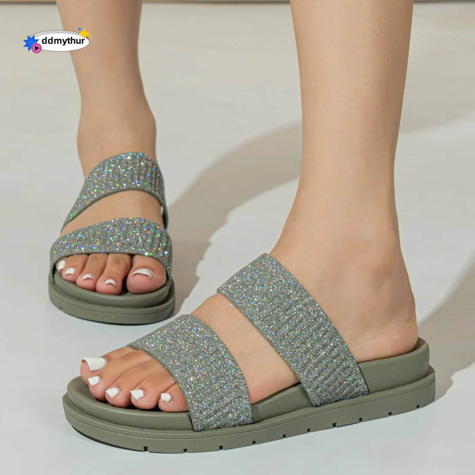 Elastic Band Women's Slipper Sequin Glitter Shoes Female Korean Casual Beach Holiday Indoor Home Non-Slip Thick Sole Slippers ddmythur