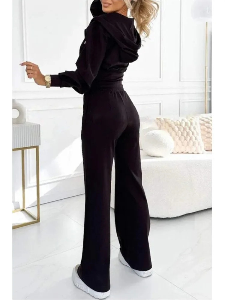 Autumn And Winter Hooded Zipper Jacket Tight Solid Color Two-piece Sets Women Fashion Casual Wide Leg Pants 2 Piece Set 250614