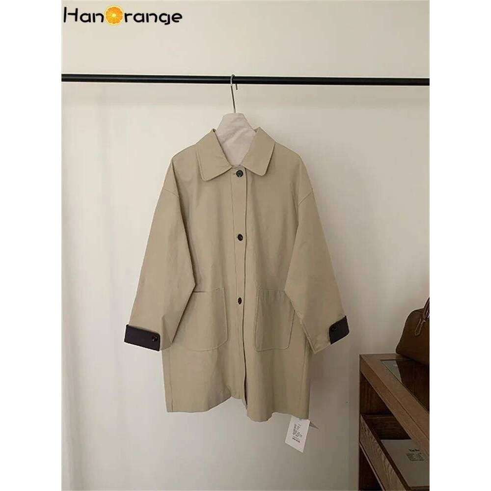 HanOrange 2025 Trench Coat Women Simple Spring Loose Versatile Collared Jacket Top Khaki Beige