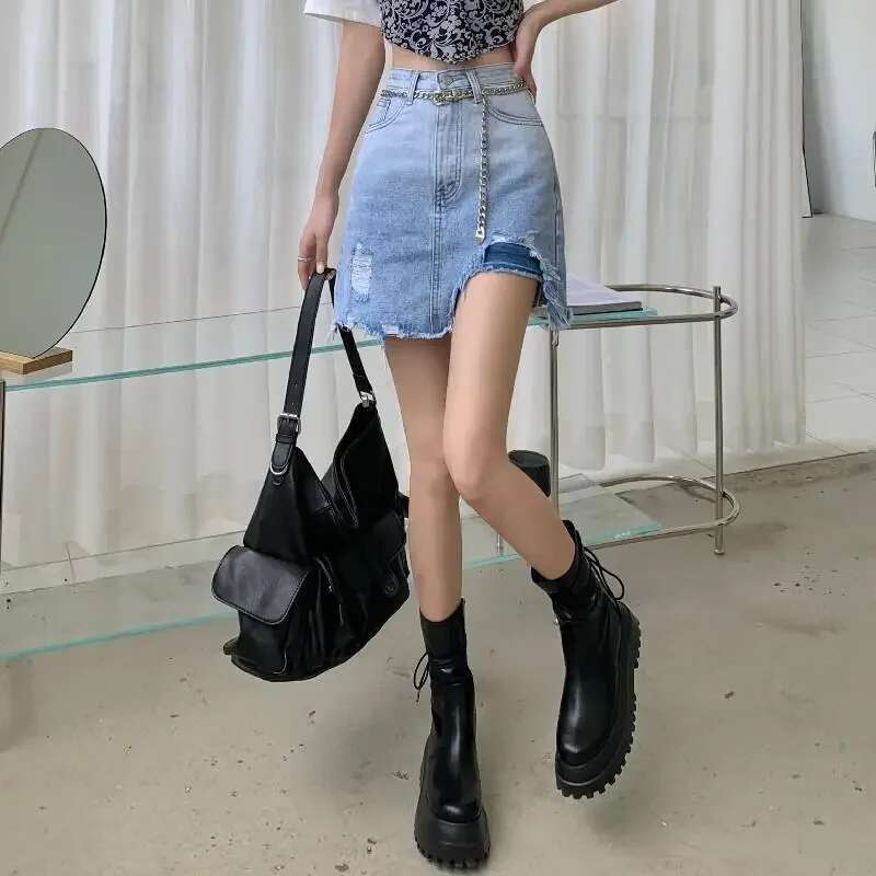 Wrap High Waist Gyaru Pink Woman Denim Skirt Jeans Skirts for Women Tight Cute Zipper Ripped Kawaii Short Mini Cheap V Casual