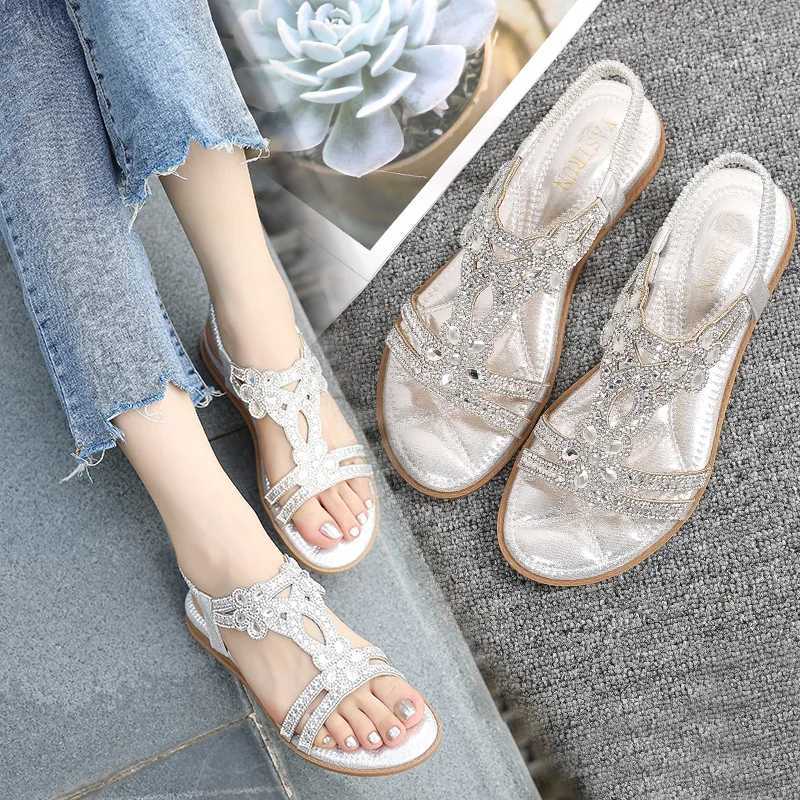 Women Flat Rhinestone Sandals Bohemian Sandals 2025 Summer New Non Slip Beach Elastic Low Heels Roman Sandals Womens Sandals Z250617