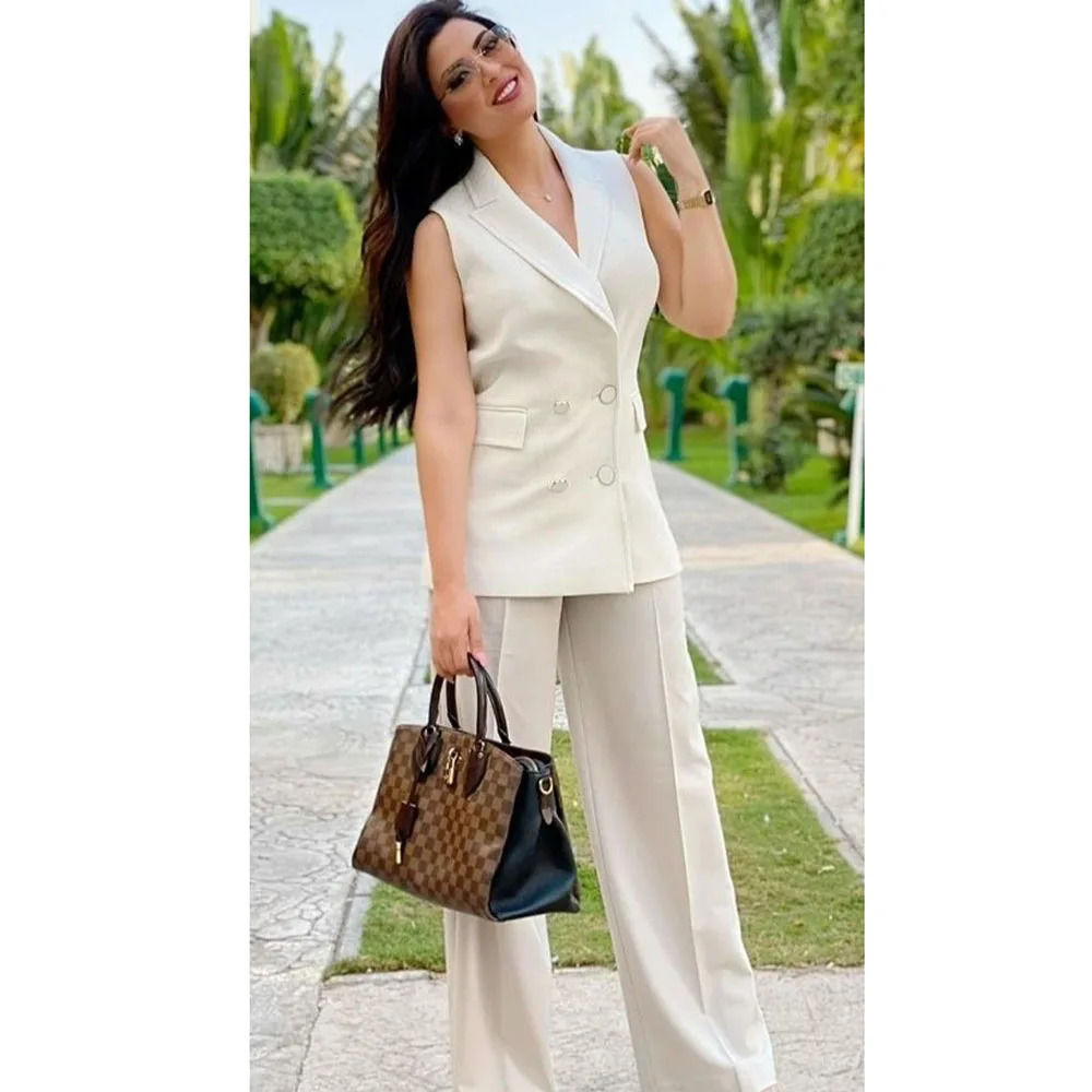 Elegant Womens Summer Suit Double Breasted Sleeveless 2 Pieces Jacket Pants Blazer Set Fit Office Daily Life Female Clothing 250612