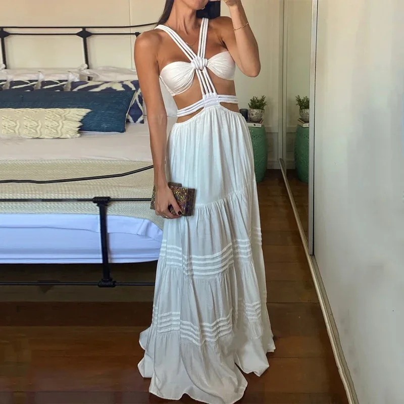 Wefads Women Long Dresses Summer Fashion Sexy Solid Strap Sleeveless Backless Lace Up Hollow Out Pleated Beach Party Dress 250616
