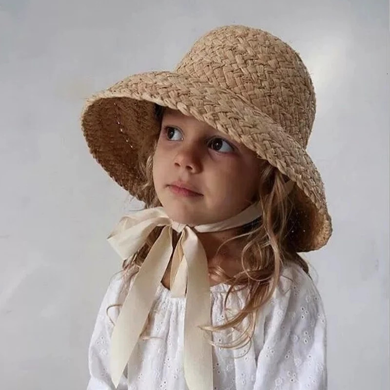 Hand-knitted Sun Hats Raffia Retro Summer Travel Sunscreen Beach Vacation Straw Hat with Lacing for Children Adult Holidays 250616