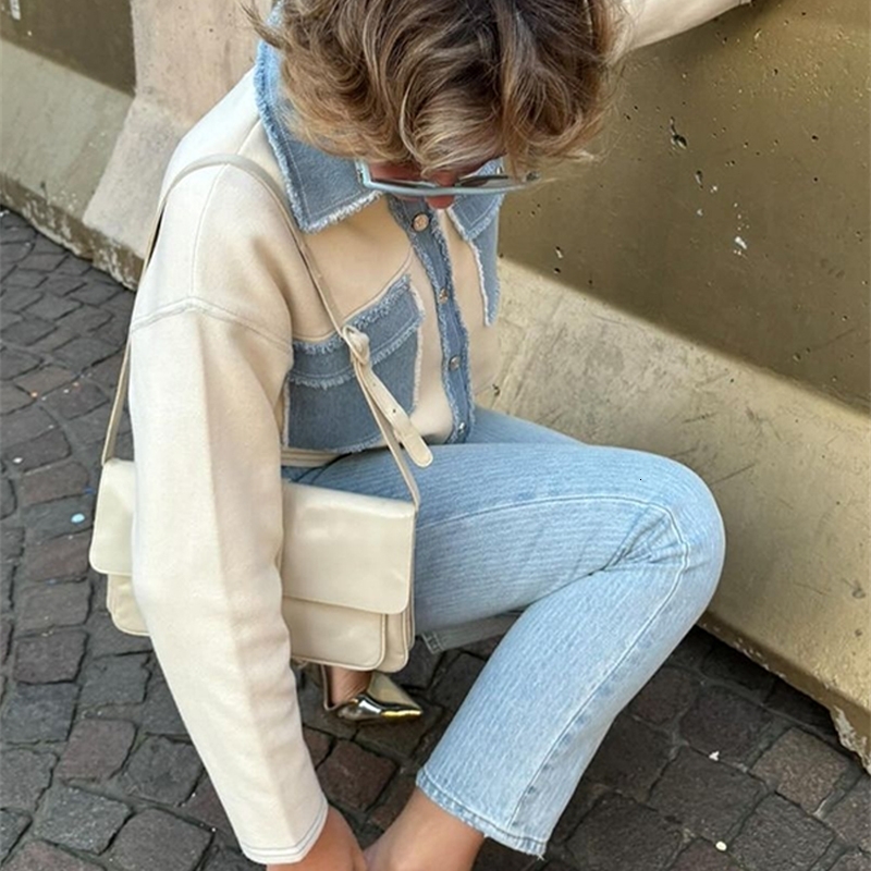 Y2k Women Denim Patchwork Jacket Coat Lapel Long Sleeves Jeans with Packets Spring Casual Lady Coats ner Outwear Top 250522