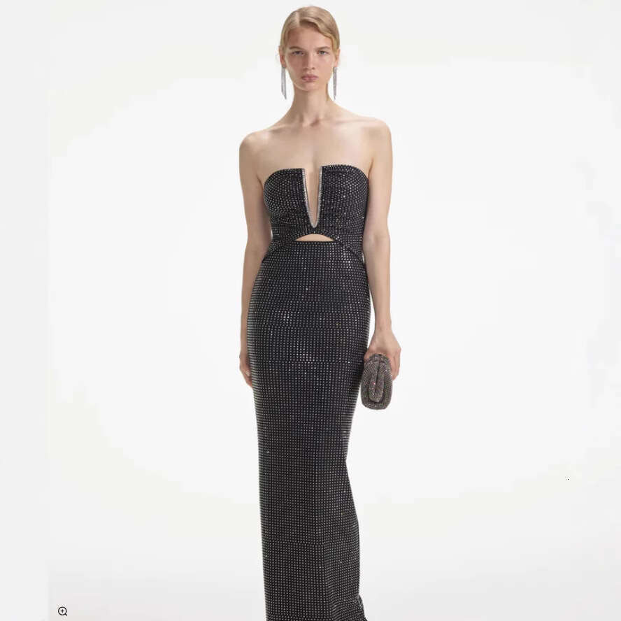 Autumn New Sleeveless Long Black Bandage Dress with Rhinestones for Party