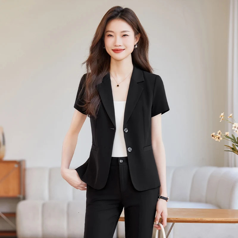 NAVIU Women Short Sleeve Suit Jacket Office Work Gray Blazer And Pants For Ladies Summer Slim Fit Formal Wear 250612