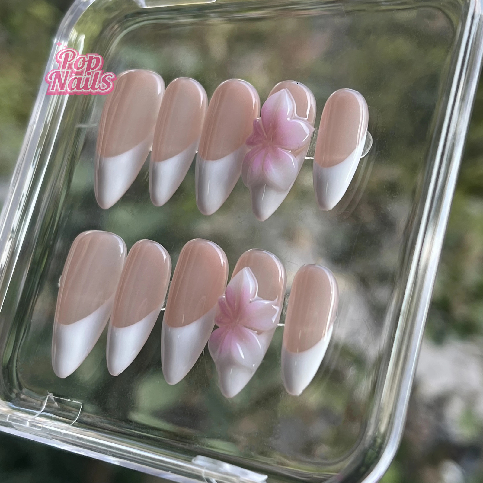 Cute Pink Flower French Tip Nails Acrylic Press Ons Wholesale Custom Short 3D Nail Art Flowers White Almond Gel Press on Nails 250612